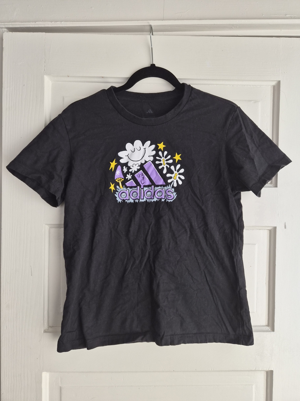 adidas Black Tee with Purple Logo and Yellow Stars